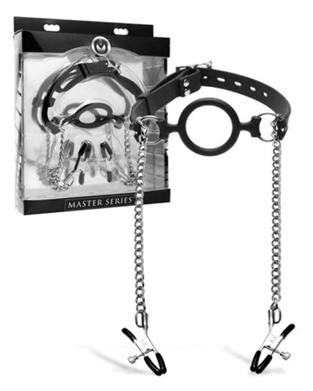 Mutiny Silicone O-Ring Gag With Nipple Clamps Nipple and Clit Clamps