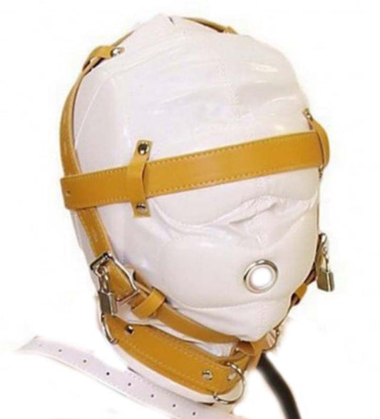 Obey Sir Sensory Deprivation Hood White Leather - Bondage Hoods