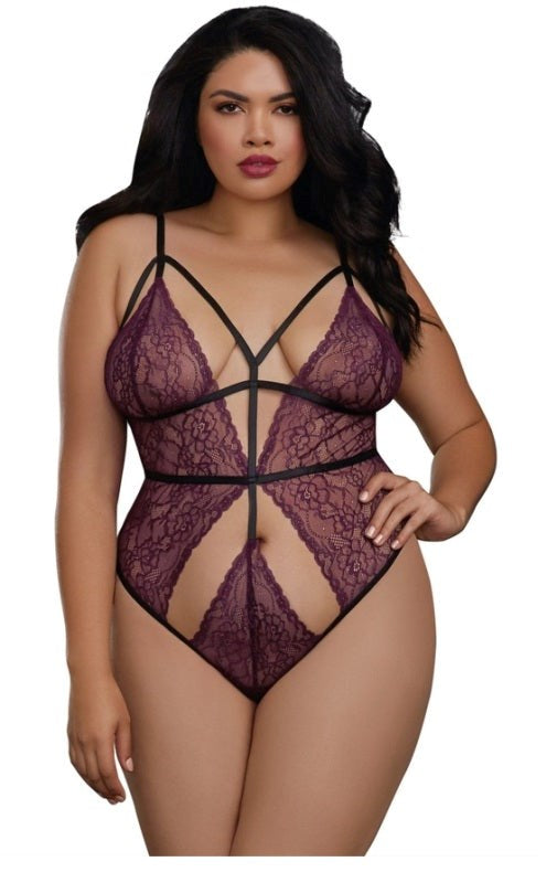 Plus Size Stretch Lace Teddy with Strappy Elastic Details Babydolls and Chemises