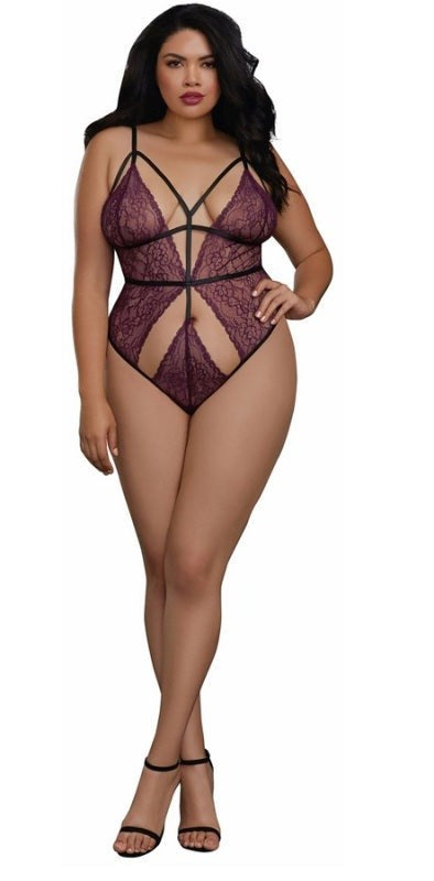 Plus Size Stretch Lace Teddy with Strappy Elastic Details Babydolls and Chemises