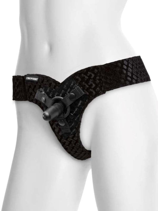 Vac-U-Lock EZ Rider Thong Velvet Harness with Plug Black - Strap On Sextoys