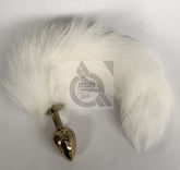 White Faux Fox Tail Steel Anal Plug Gold Steel Sex Toys