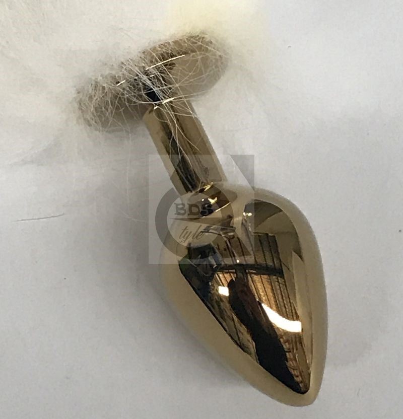 White Faux Fox Tail Steel Anal Plug Gold Steel Sex Toys