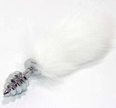 White Kitten Tail Silver Ribbed Butt Plug Steel Sex Toys