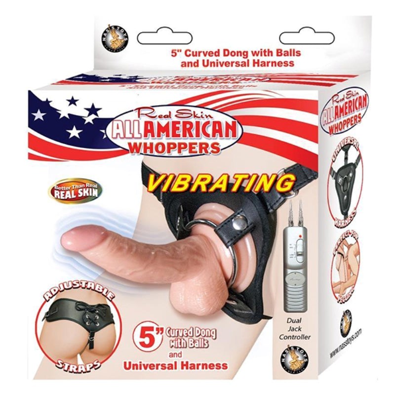 Whoppers Vibrating 5" Curved Dong with Balls and Harness Strap On Sextoys