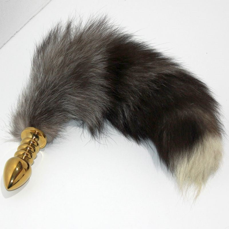 Faux Fox Tail Ribbed Gold Butt Plug Large Steel Sex Toys