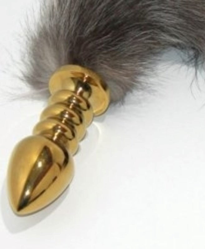 Faux Fox Tail Ribbed Gold Butt Plug Large Steel Sex Toys