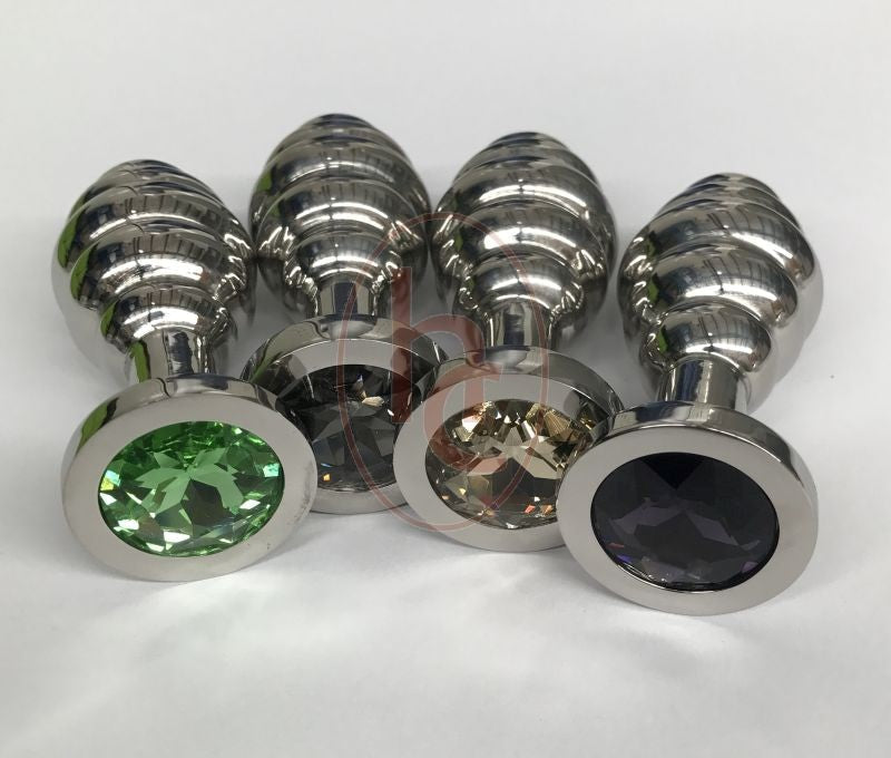 Ribbed Jewelled Large Butt Plug Emerald Steel Sex Toys