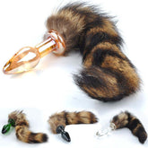 Brown Faux Fox Tail Smooth Glass Butt Plug Steel Sex Toys