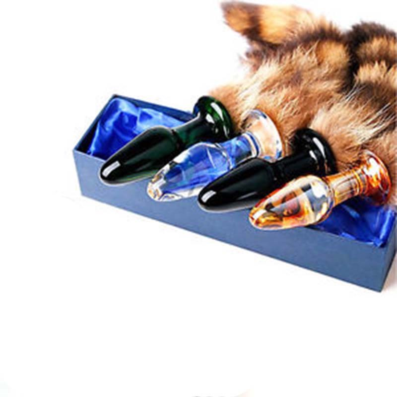 Brown Faux Fox Tail Smooth Glass Butt Plug Steel Sex Toys