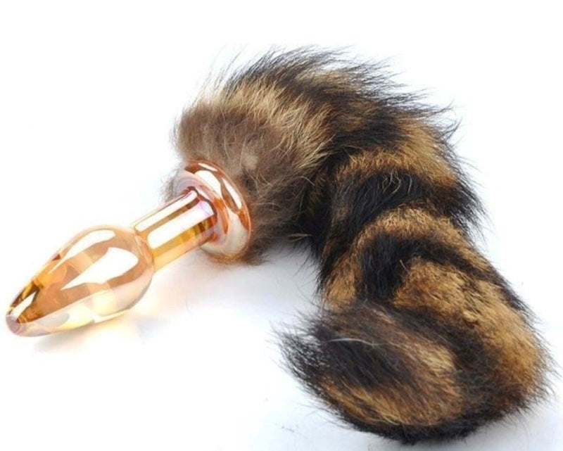 Brown Faux Fox Tail Smooth Glass Butt Plug Steel Sex Toys