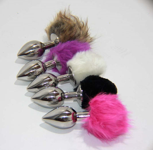 Crazy Faux Rabbit Tail Small Metal Silver Butt Plug Finger and Tongue Vibrators