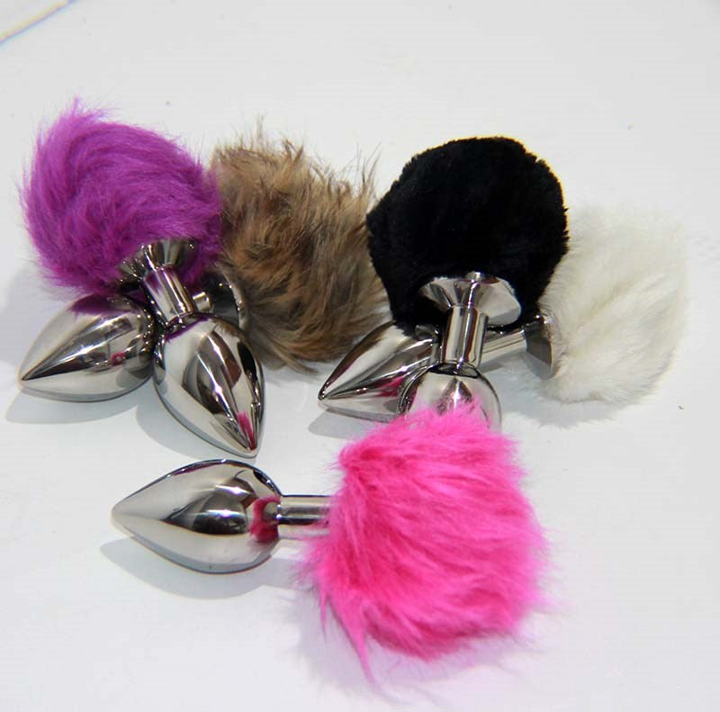 Crazy Faux Rabbit Tail Small Metal Silver Butt Plug Finger and Tongue Vibrators