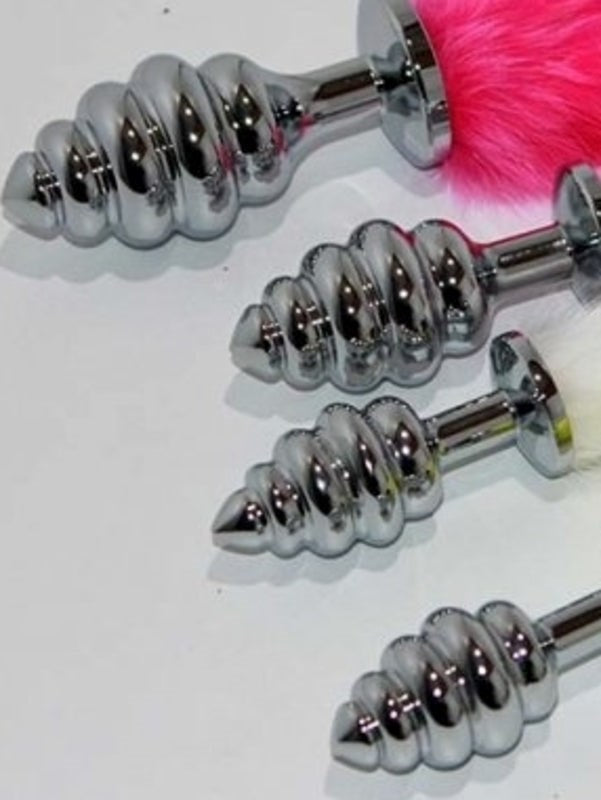 Faux Rabbit Tail Ribbed Butt Plug Silver Large Butt Plugs