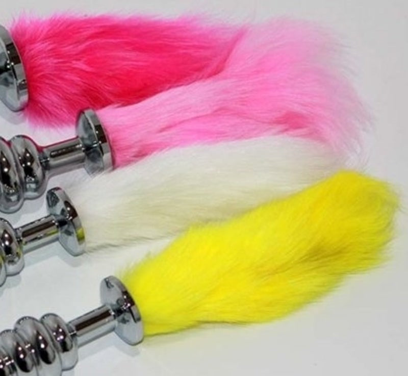 Faux Rabbit Tail Ribbed Butt Plug Silver Large Butt Plugs