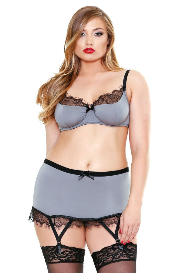 CURVE Lace Trim Bra, Skirt & G-String Plus Sized Lingerie