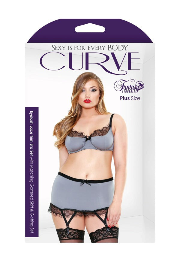CURVE Lace Trim Bra, Skirt & G-String Plus Sized Lingerie
