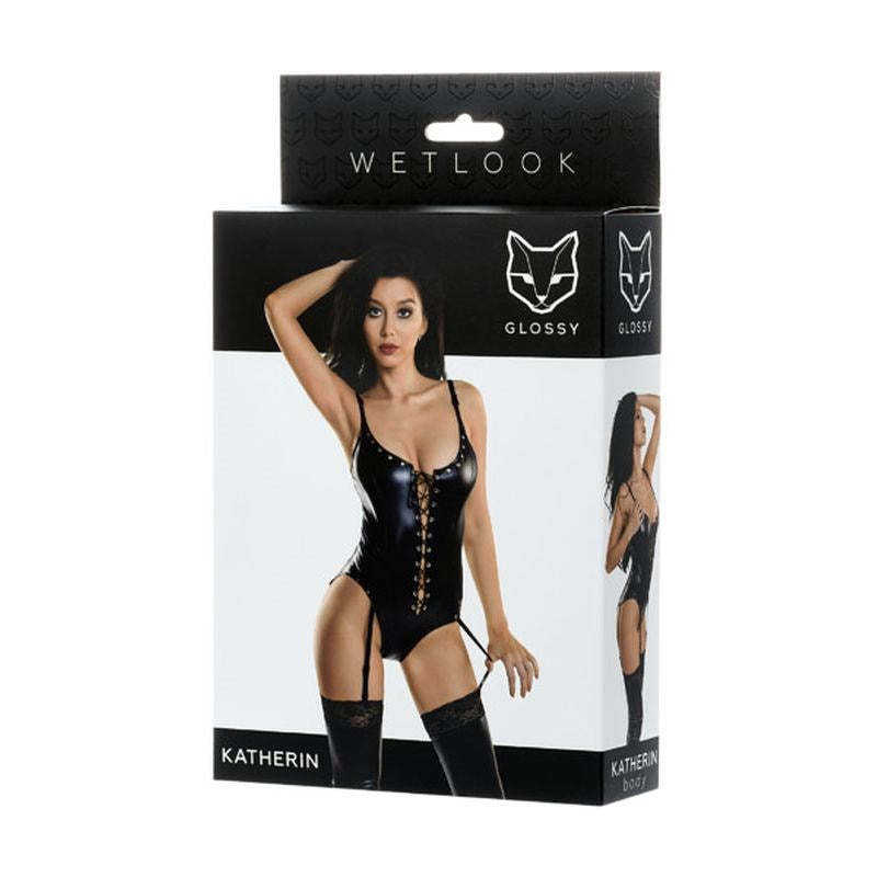 Glossy Wetlook Lace-Up Bodysuit - Katherin Adjustable Fit Her Fetish