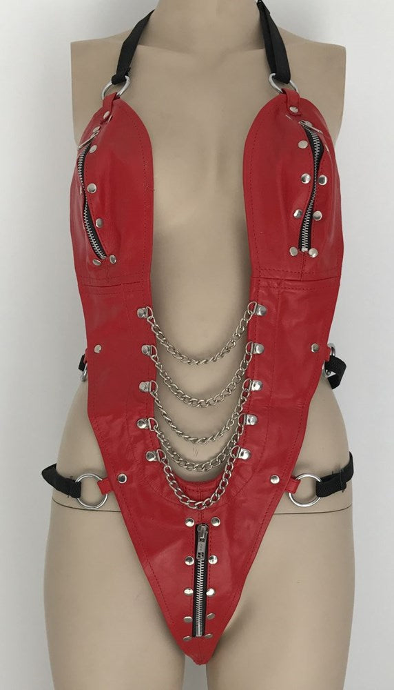 Ladies BDSM One Piece Red Leather Outfit Her Fetish