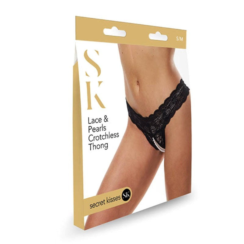 Secret Kisses Lace & Pearls Crotchless Thong Black G-Strings, Panties and Shorts