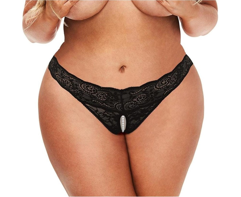 Secret Kisses Lace & Pearls Crotchless Thong Black G-Strings, Panties and Shorts