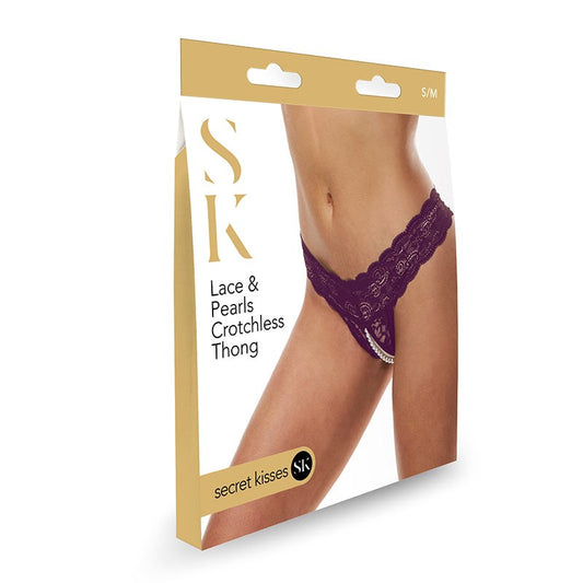 Secret Kisses Lace & Pearls Crotchless Thong Purple - G-Strings, Panties and Shorts