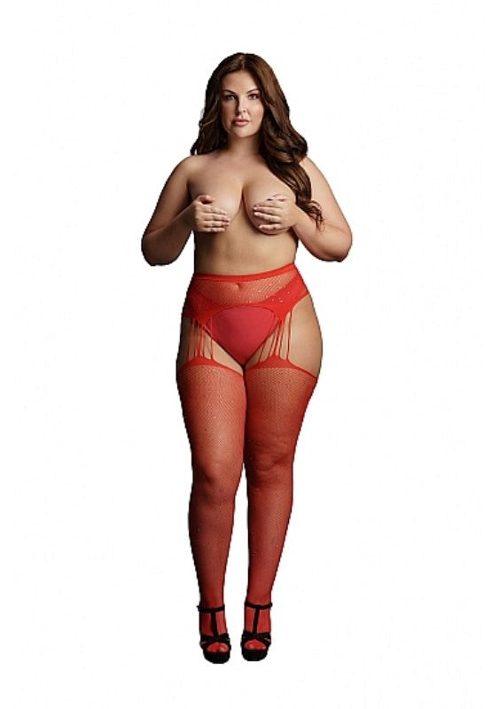 Suspender Rhinestone Pantyhose - Red Hosiery