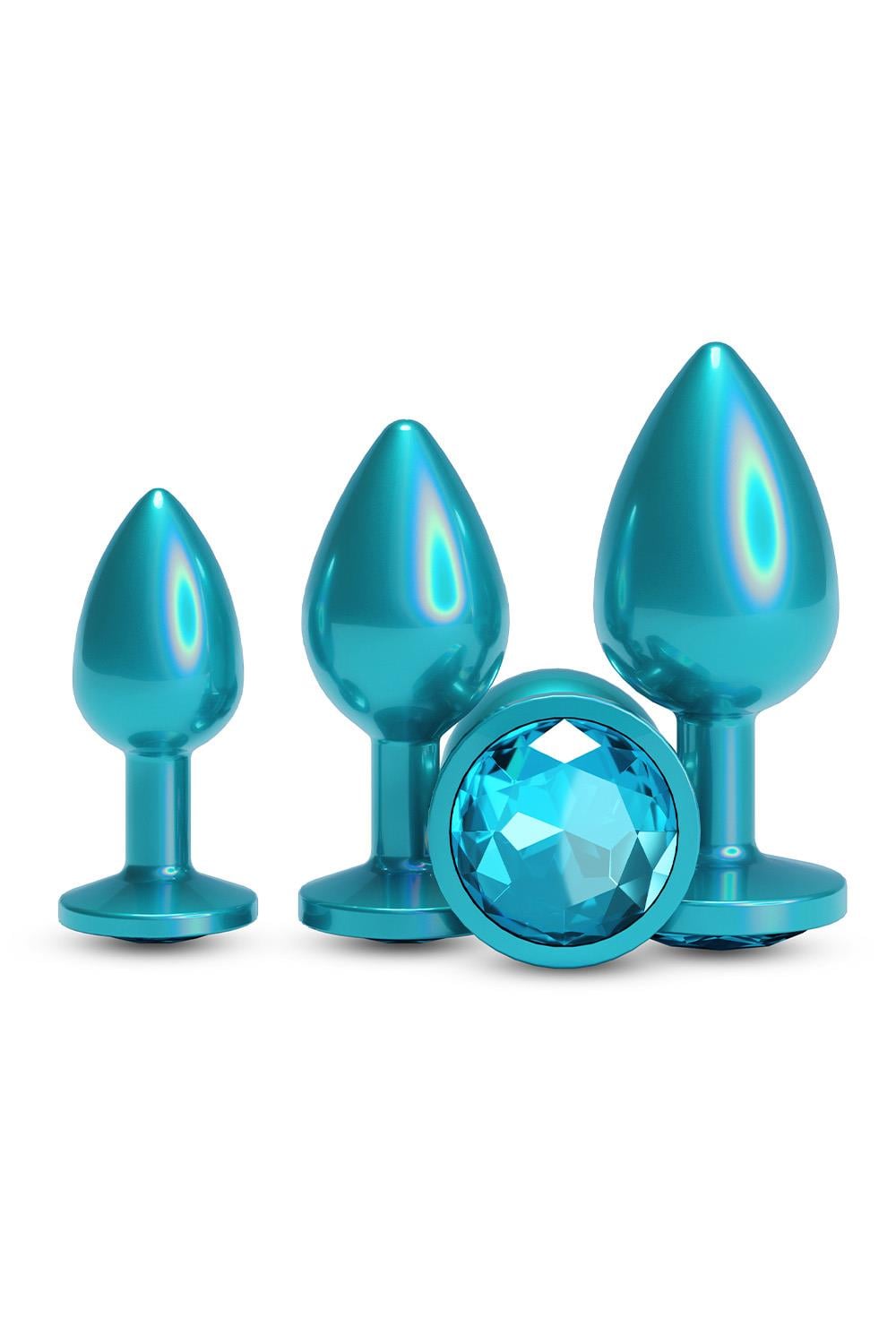 NS Novelties Rear Assets 3 Sizes Metallic Butt Plugs Kit Teal Butt Plugs