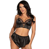 Two Piece Satin & Lace Long Line Bralette & Tap Short Set Bras and Bra Sets