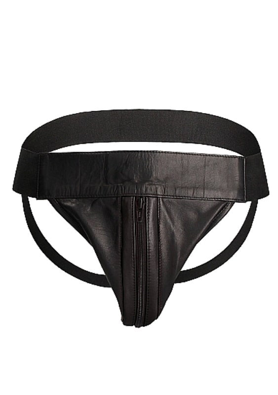 Uomo Striped Front With Zip Leather Jock Black His Fetish