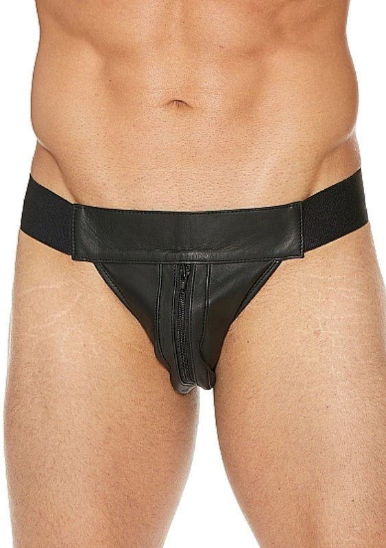 Uomo Striped Front With Zip Leather Jock Black His Fetish