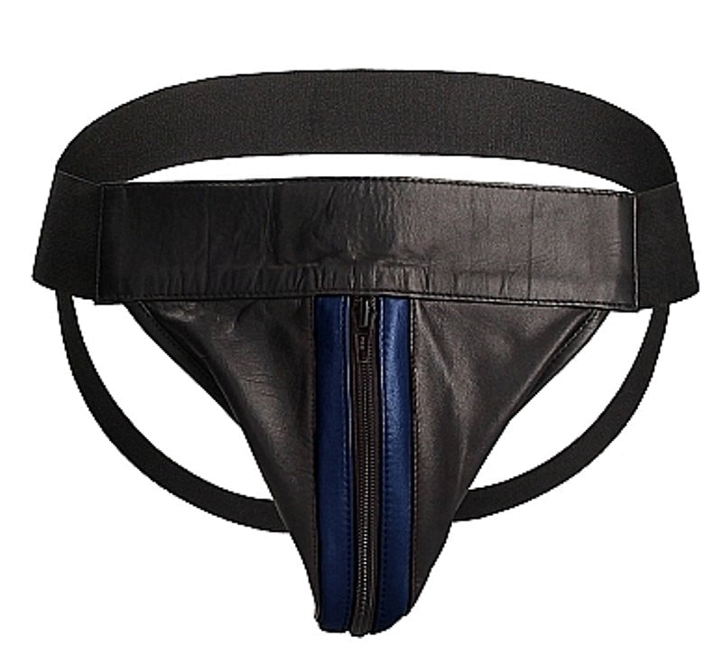 Uomo Striped Front With Zip Leather Jock Black/Blue His Fetish