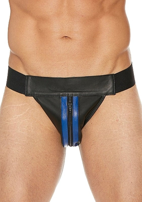 Uomo Striped Front With Zip Leather Jock Black/Blue His Fetish