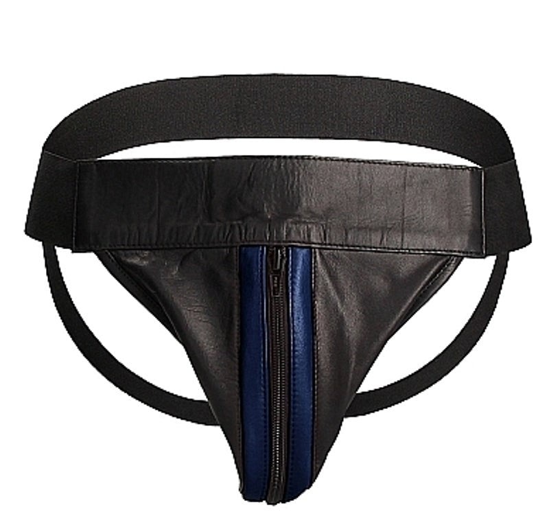 Uomo Striped Front With Zip Leather Jock Black/Blue His Fetish