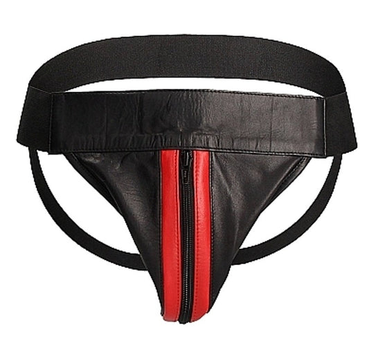 Uomo Striped Front With Zip Leather Jock Black/Red His Fetish