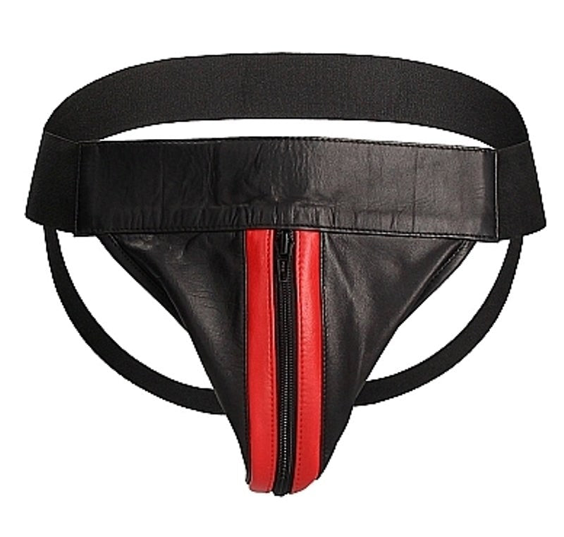 Uomo Striped Front With Zip Leather Jock Black/Red His Fetish