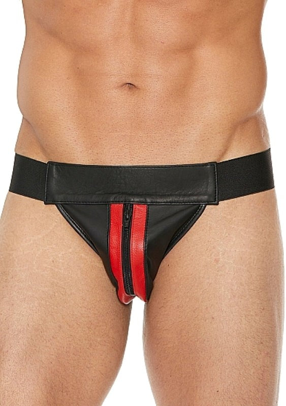 Uomo Striped Front With Zip Leather Jock Black/Red His Fetish