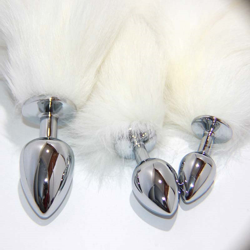 White Faux Fox Tail Smooth Silver Butt Plug Steel Sex Toys