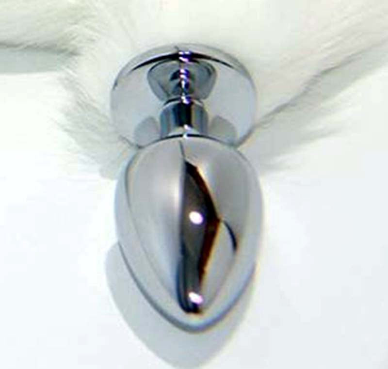 White Faux Fox Tail Smooth Silver Butt Plug Steel Sex Toys