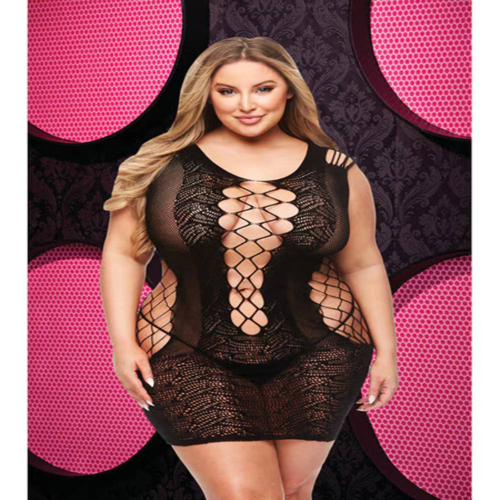Lapdance Lingerie Lace And Fishnet Halter Dress Black Body Stockings