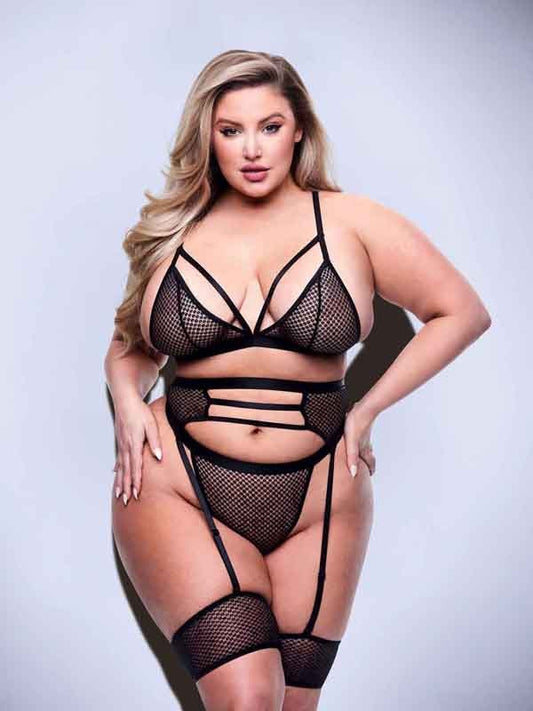 Baci 3 Piece Strappy Bra Garter & Panty Set Queen Black - Bras and Bra Sets