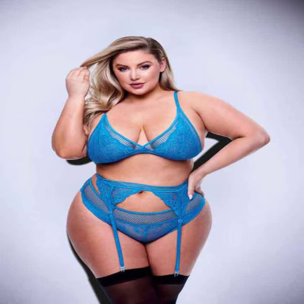 Baci 3 Piece Lace & Mesh Bra Garter & Panty Set Blue Bras and Bra Sets