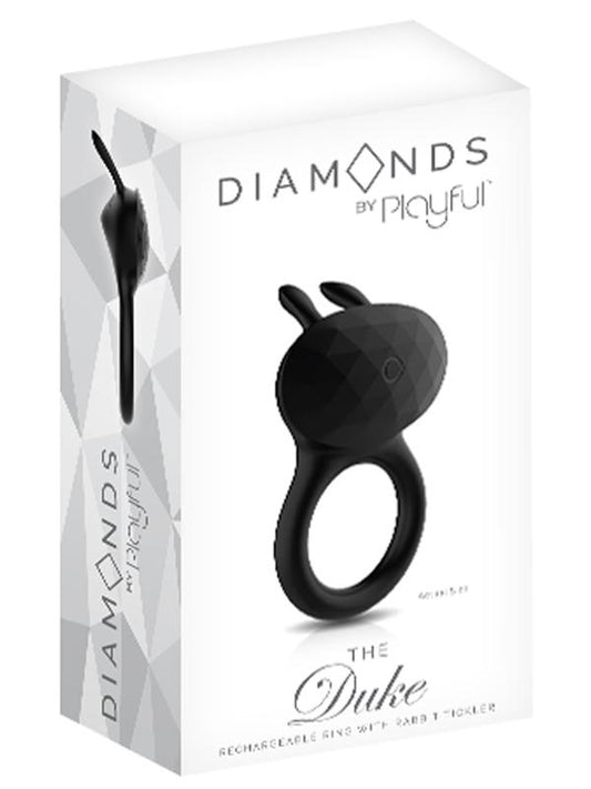 Playful Diamonds The Duke Rechargeable Cock Ring with Rabbit Tickler Black - Rabbit Vibrators