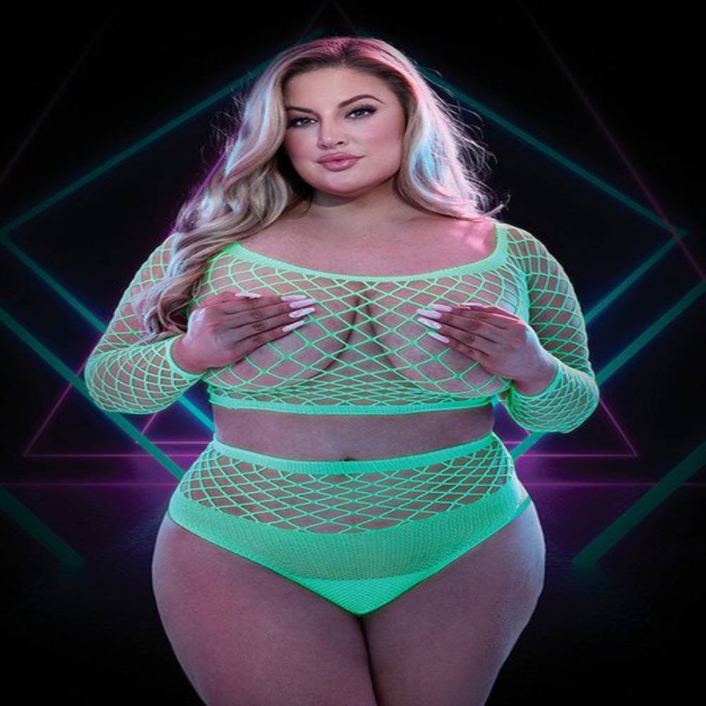 Lapdance Lingerie 2 Piece Glow In The Dark Long Sleeve Crop Top and Panty Set G-Strings, Panties and Shorts