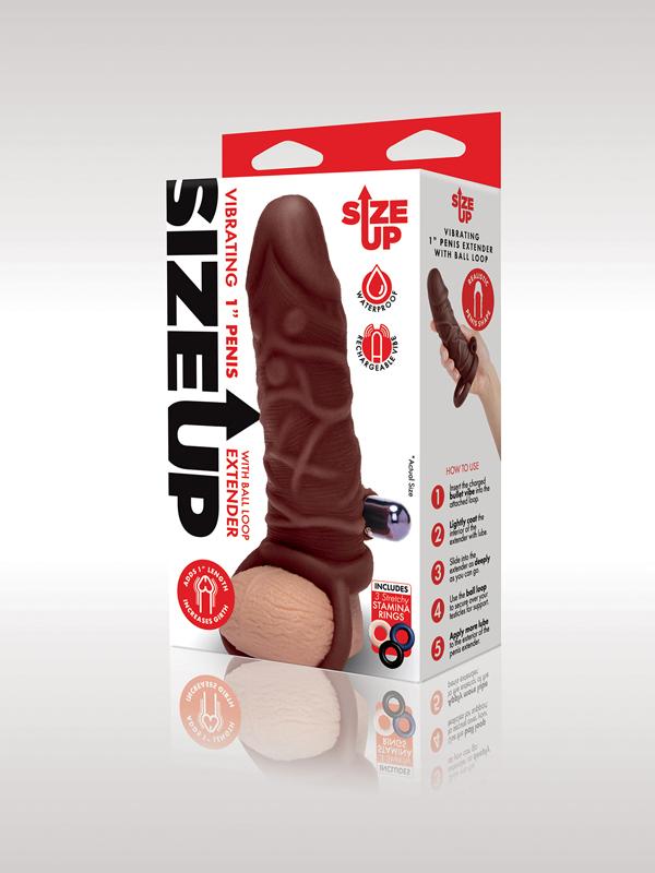 Xgen Size Up 1 Inch Silicone Vibrating Realistic Penis Extender With Ball Loop Dark Tan Penis Sleeves and Extenders