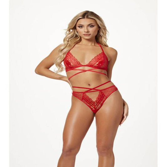 Seven Til Midnight 2 Piece Halter Bra And Criss Cross Panty Set Red - Bras and Bra Sets