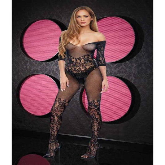 Lapdance Lingerie Off-The-Shoulder Lace Bodystocking Black - Body Stockings