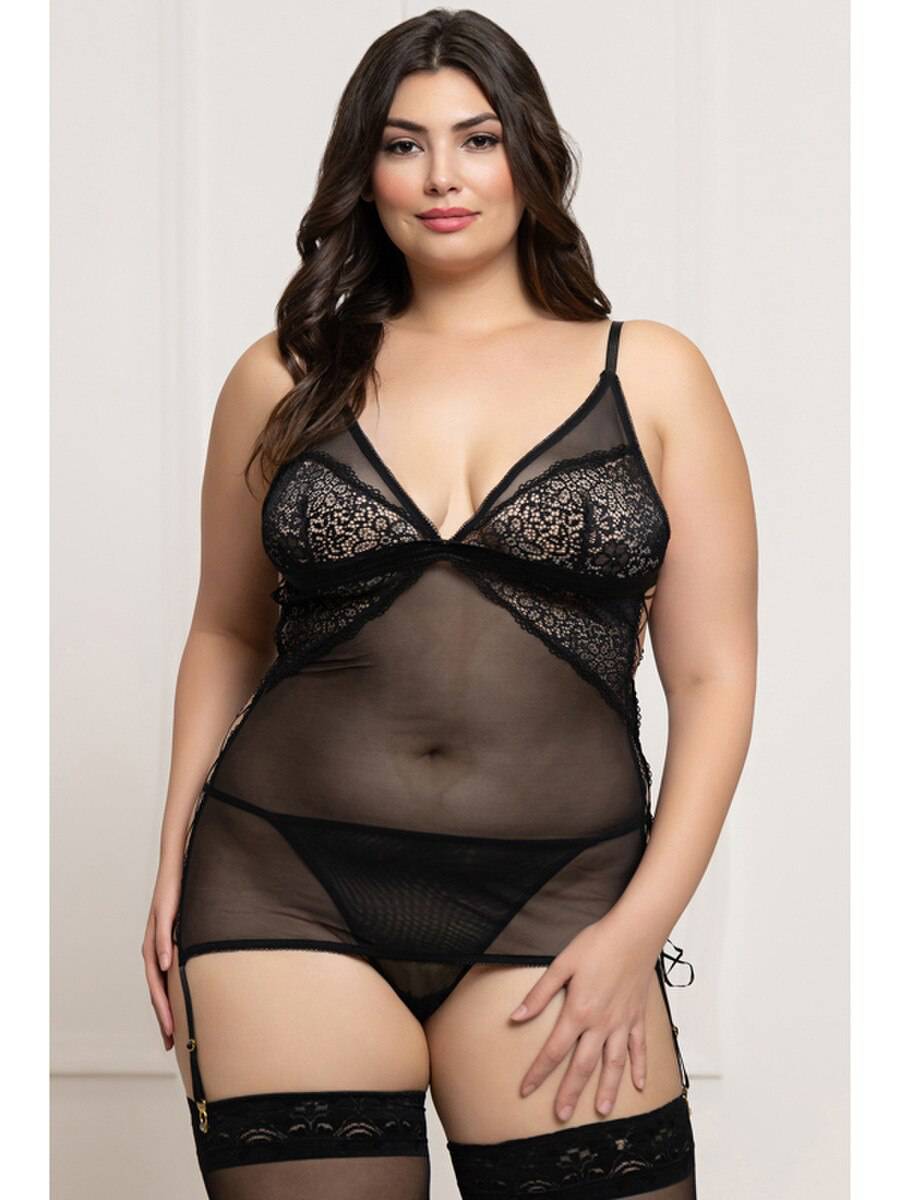 Seven 'til Midnight 2 Piece Lace and Mesh Chemise Set Black BabyDolls And Chemises