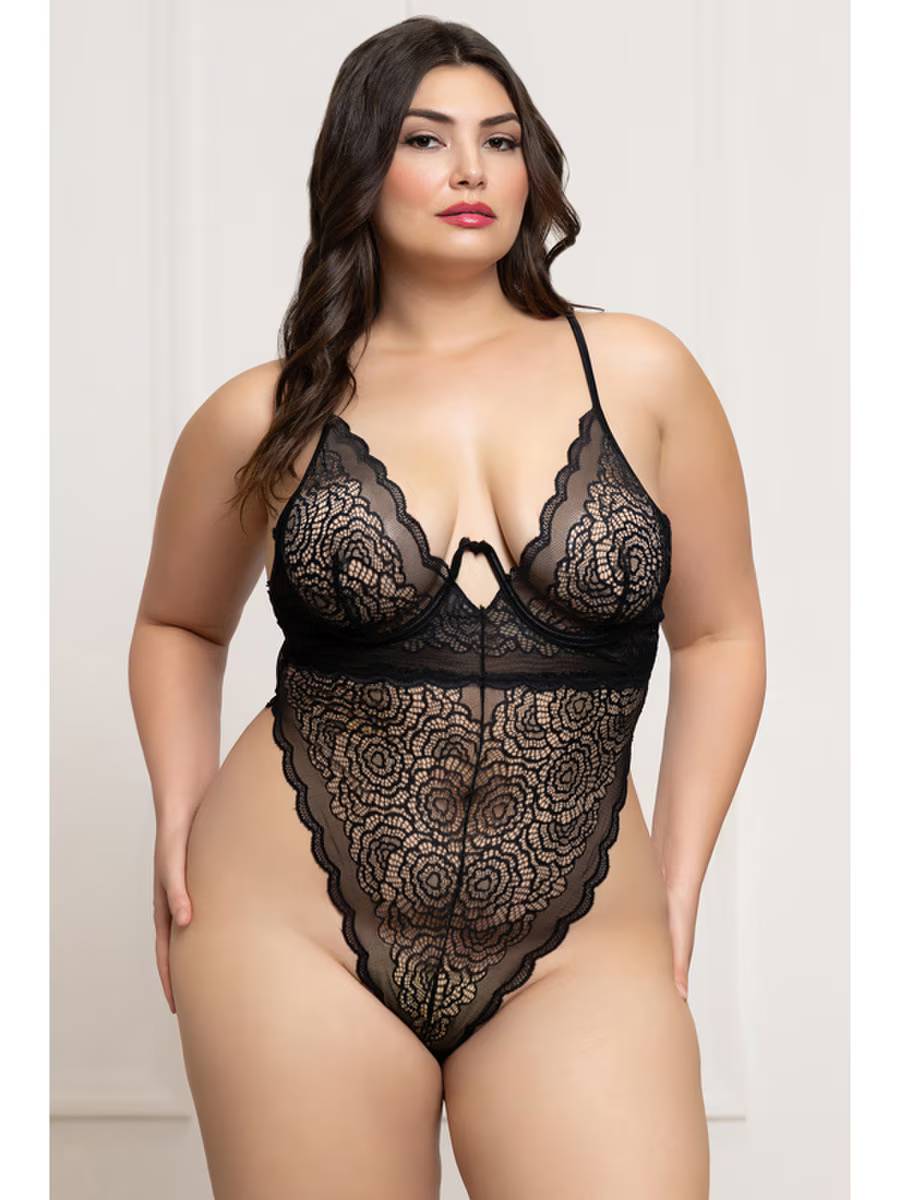 Seven 'til Midnight Floral Lace Womens Teddy Black Teddies and Bodysuits