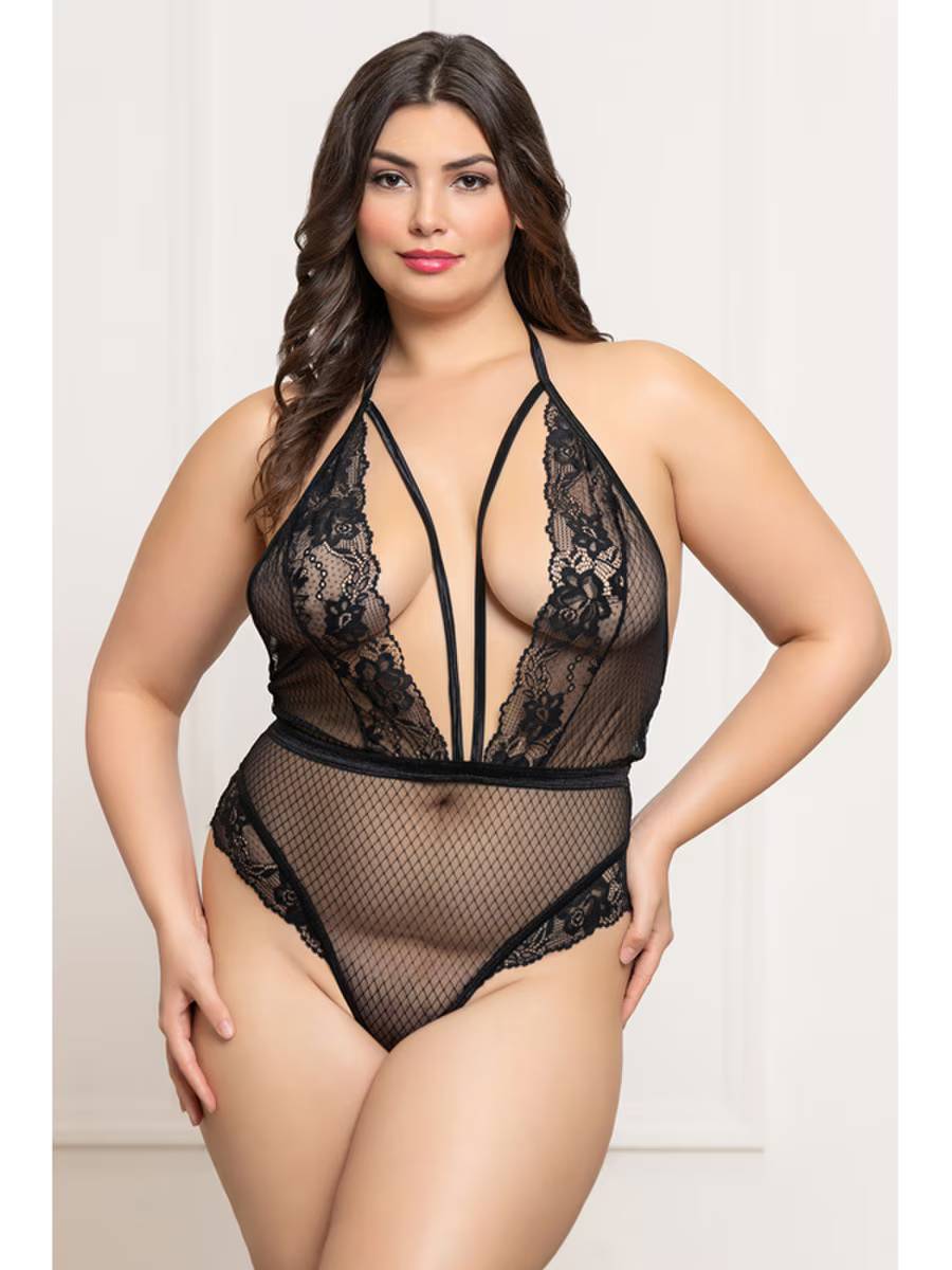 Seven 'til Midnight Fence Mesh and Lace Teddy Black Teddies and Bodysuits